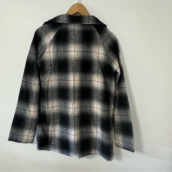 Billabong Wool Blend Plaid Peacoat Jacket Black Red White Snap Tab Closure-M - Picture 2 of 13